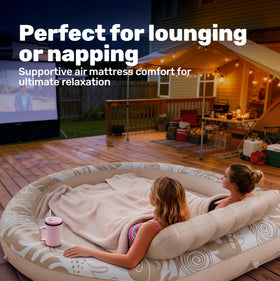 Sloosh lounge float in backyard setting supports social gatherings.