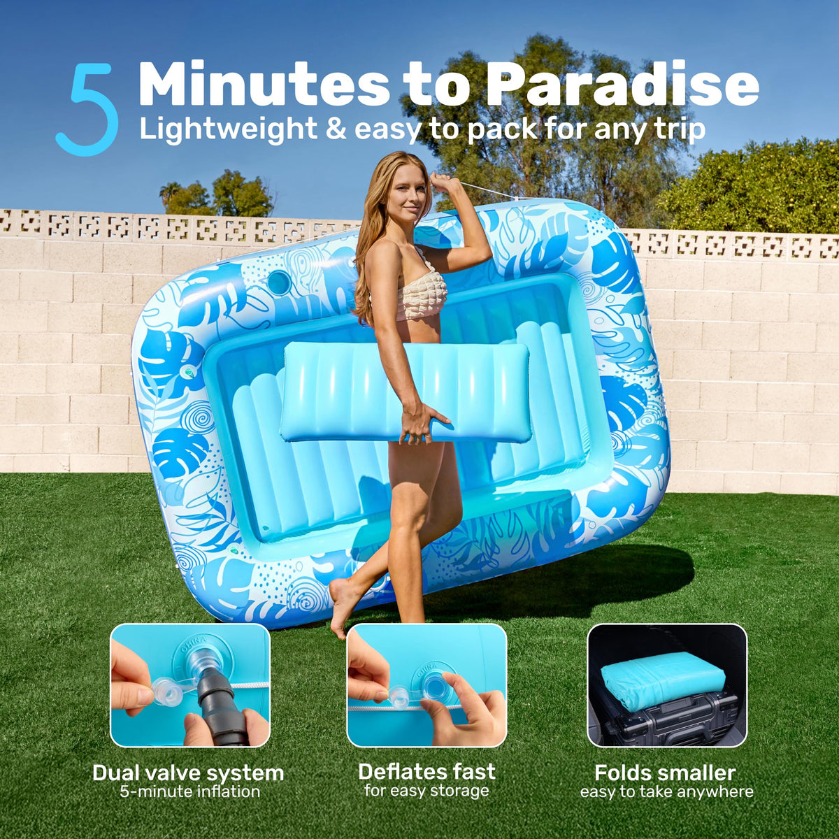 Sloosh blue tropical design adds resort vibe to backyard pool parties.