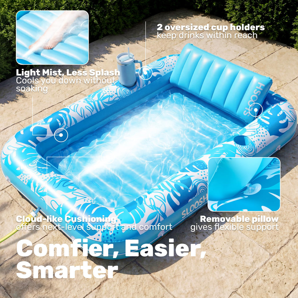 Sloosh lounger cup holders keep drinks secure during poolside lounging.