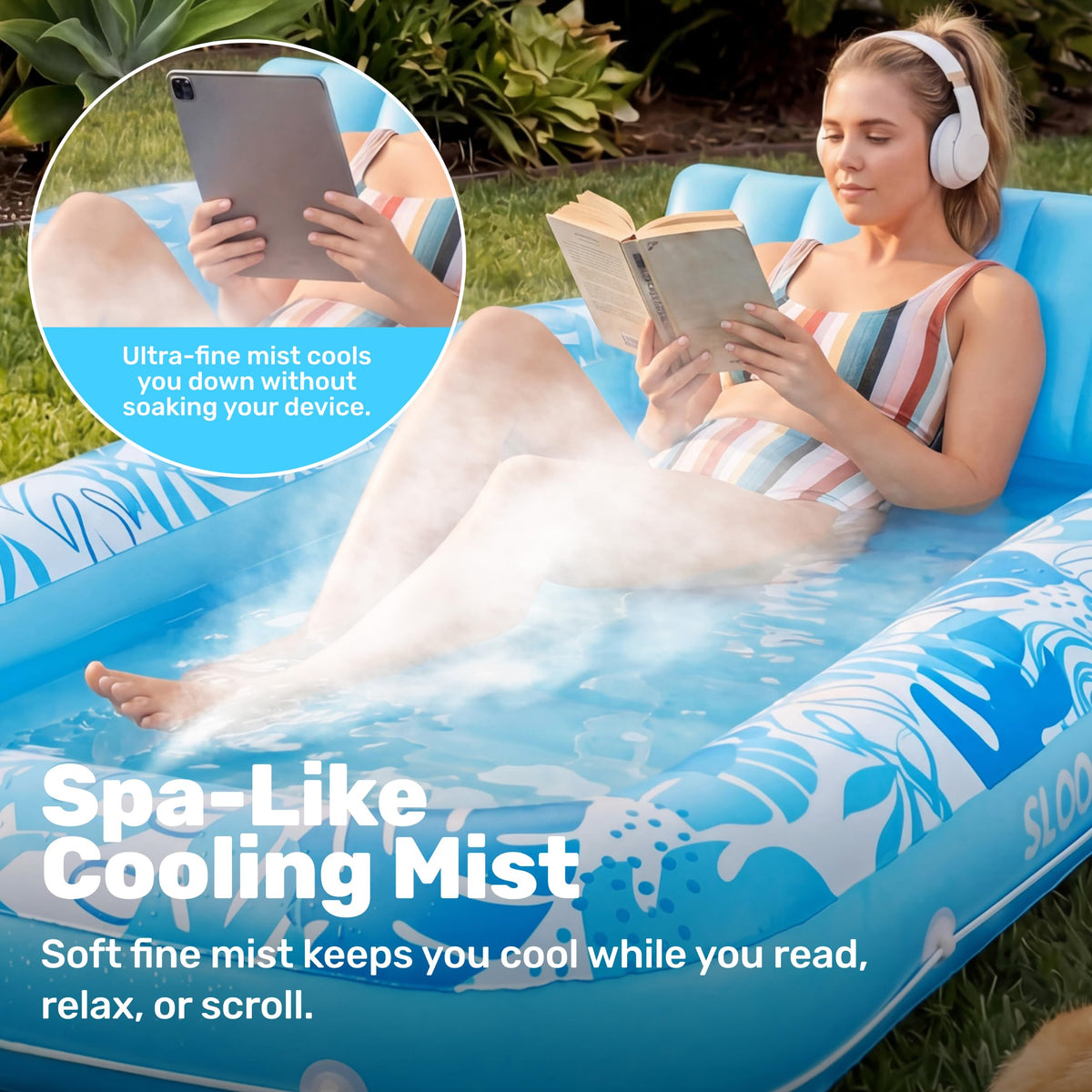 Sloosh misting system lounger mist-activation demonstrates instant cooling while sunbathing.