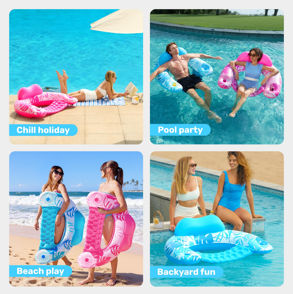 Sloosh one-piece seat design for durable pool lounging.