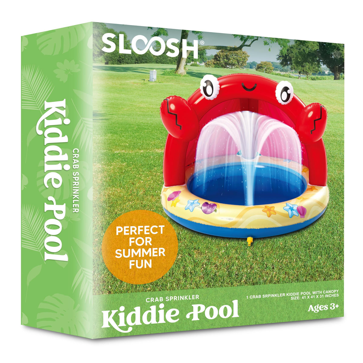 Sloosh Outdoor Summer Use highlights versatile placement on lawn, garden, or beach.