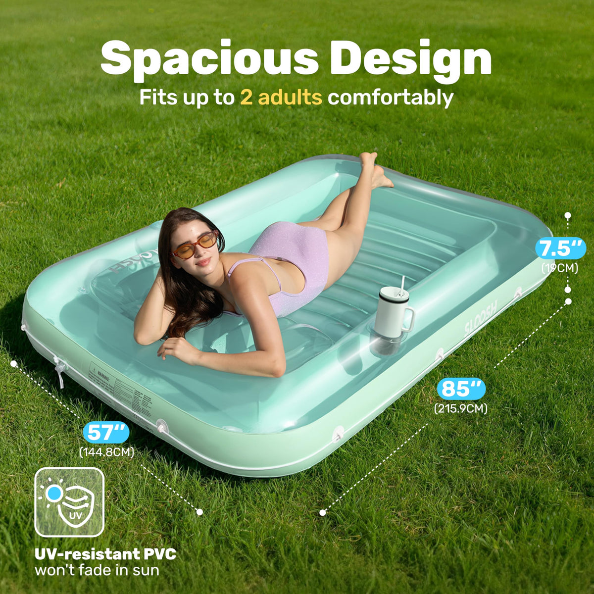 Sloosh oversized pool float with removable pillow supports two-person lounging.