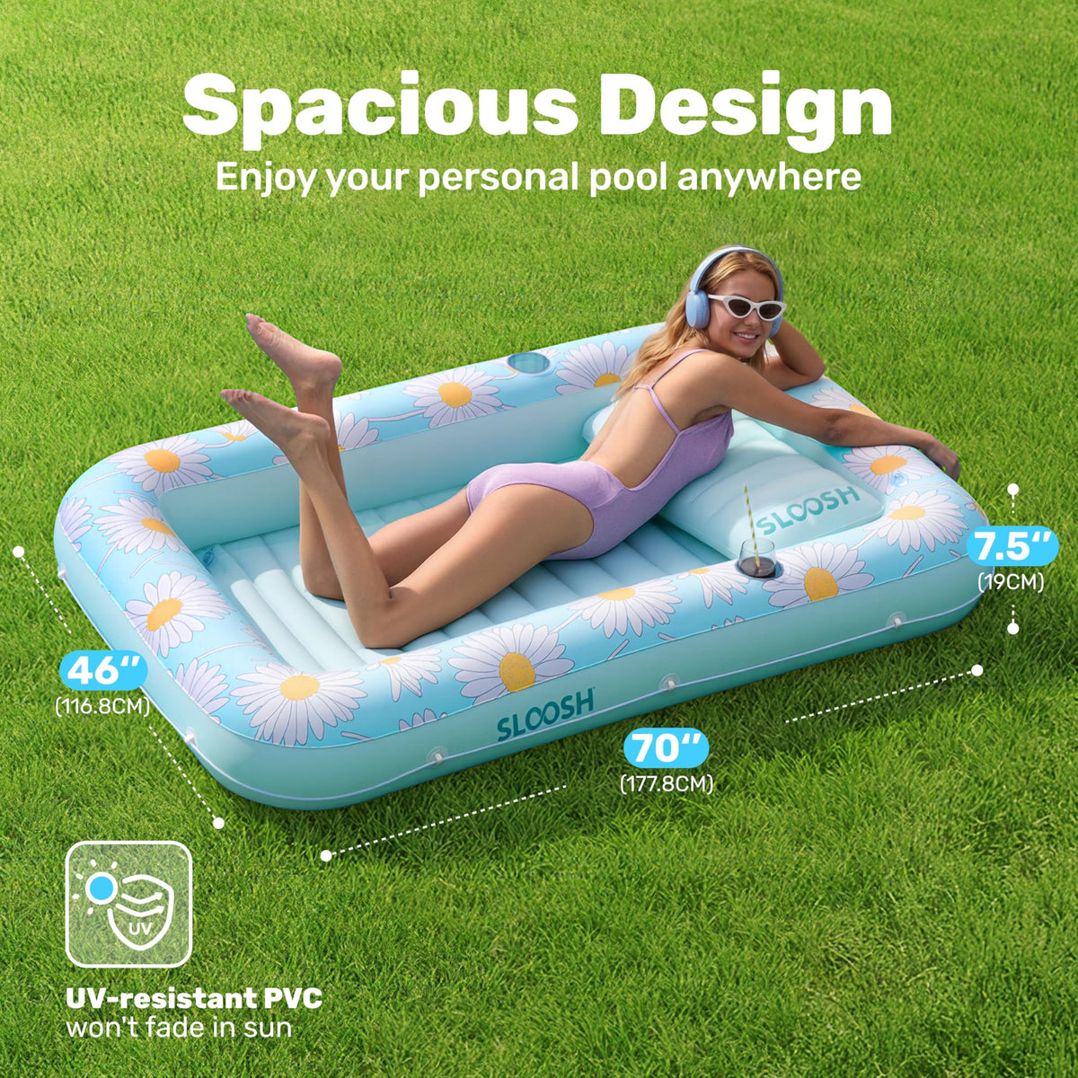 Sloosh lounger with removable pillow supports head and neck during sun sessions.