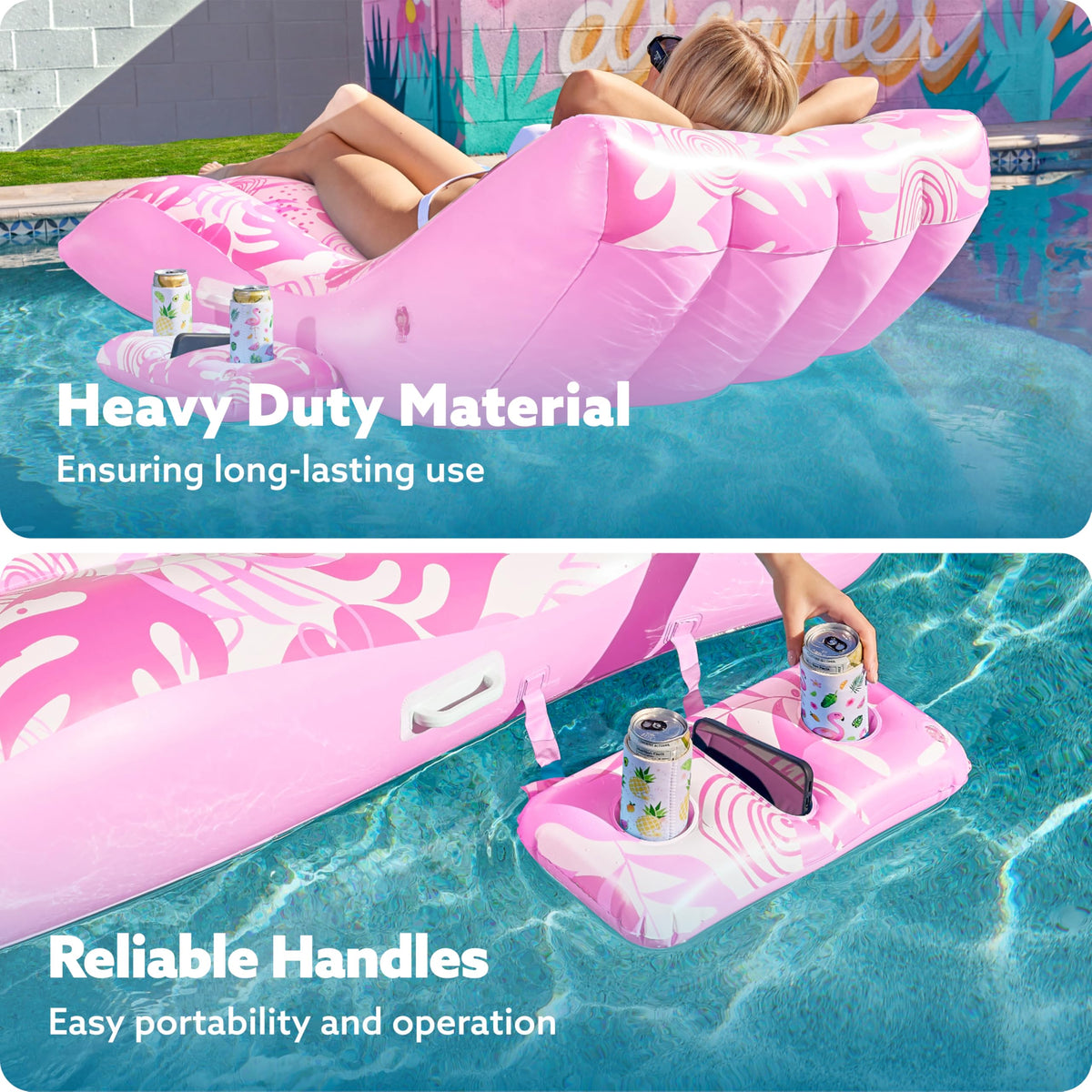 Sloosh pink lounger cup holder top view showing beverage and device access.