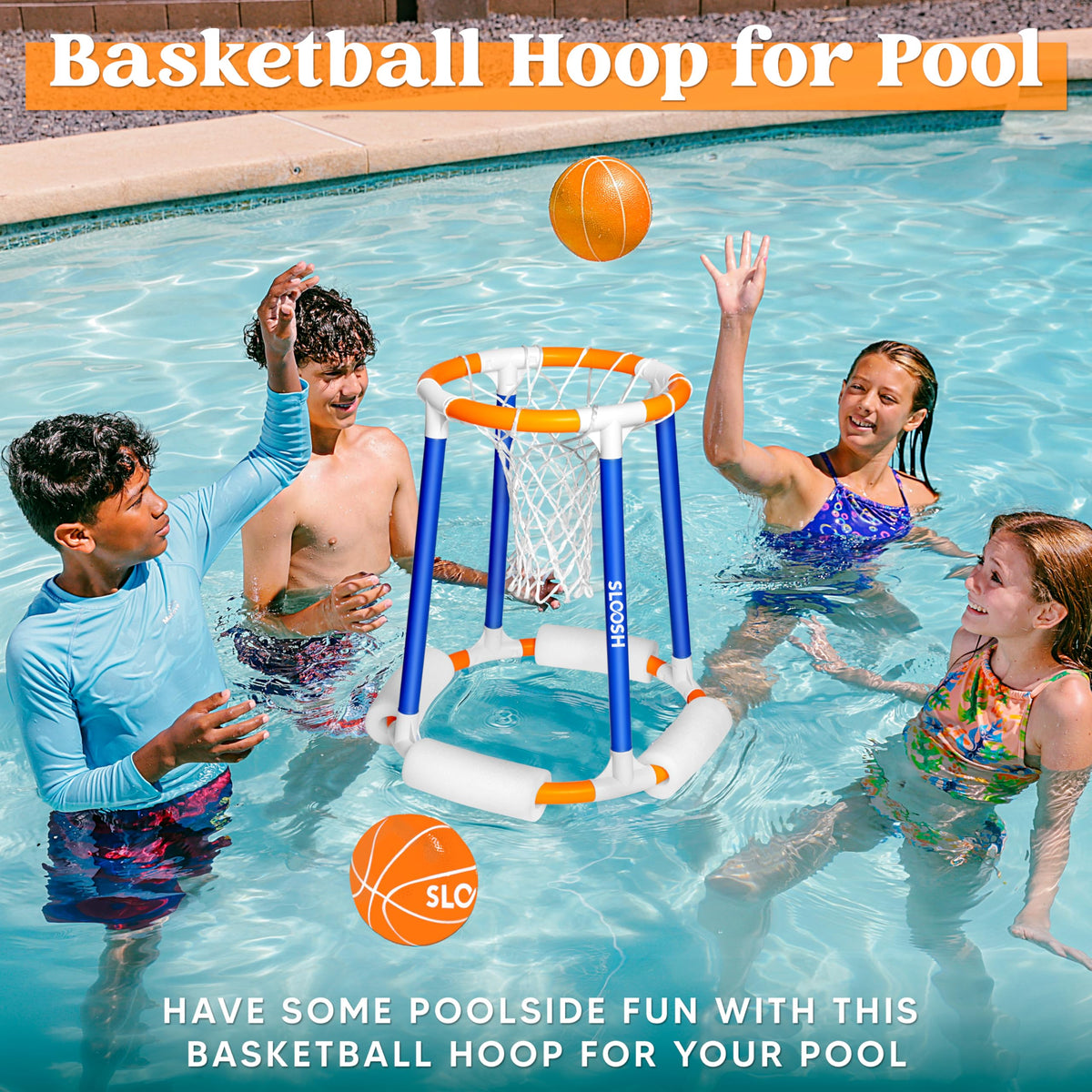Sloosh pool basketball hoop balls included for versatile target practice and group play.