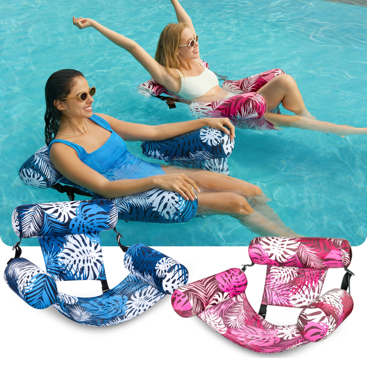Sloosh pink tropical leaves float chair with breathable mesh for cooling comfort.