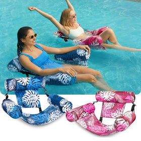 Sloosh pink tropical leaves float chair with breathable mesh for cooling comfort.