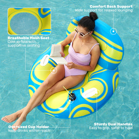 Sloosh pool float featuring cup holder and mesh seating for easy leisure.