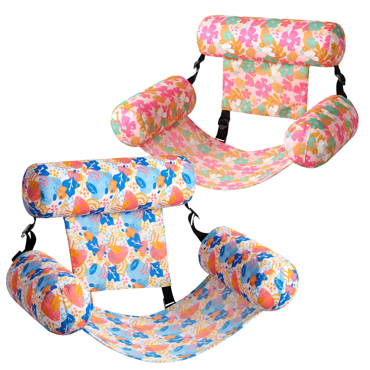 Sloosh pool float hammock chair with flower pattern for lounging by the pool.