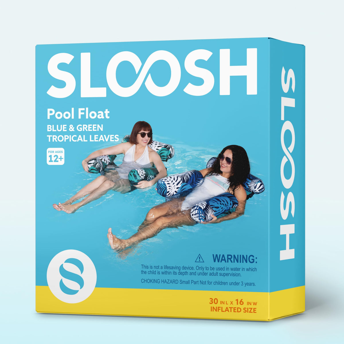 Sloosh pool floats feature tropical leaves design in green and blue.