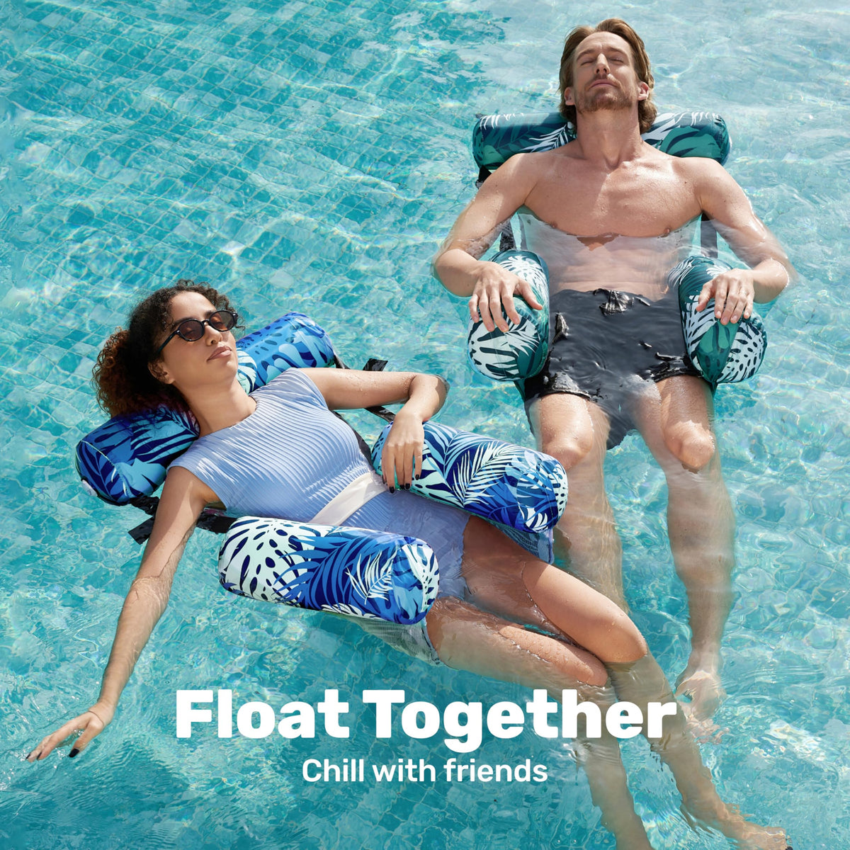 Sloosh pool floats with mesh sling support relaxed upper body while floating.