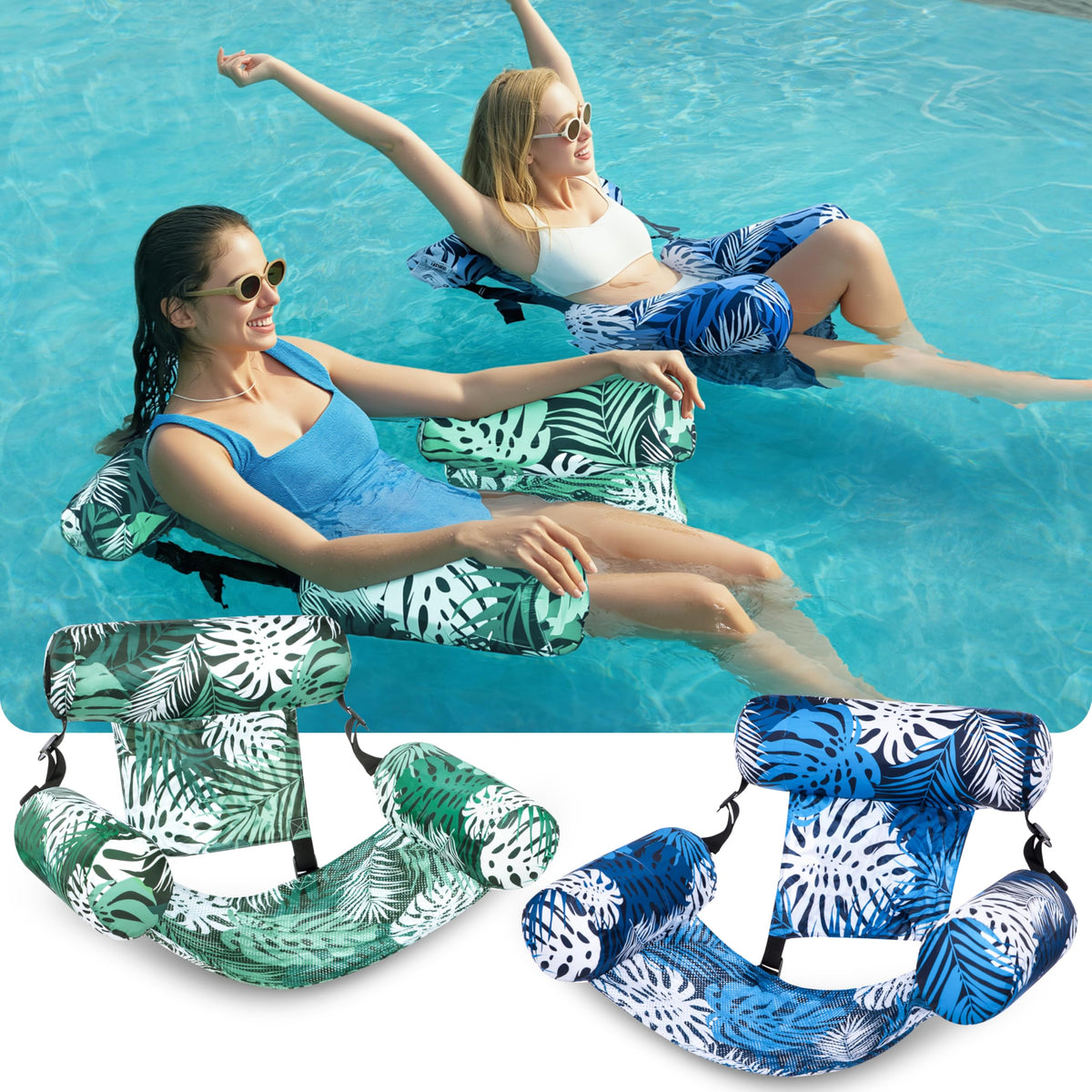Sloosh pool floats with soft fabric cover enhance comfort on sunny days.