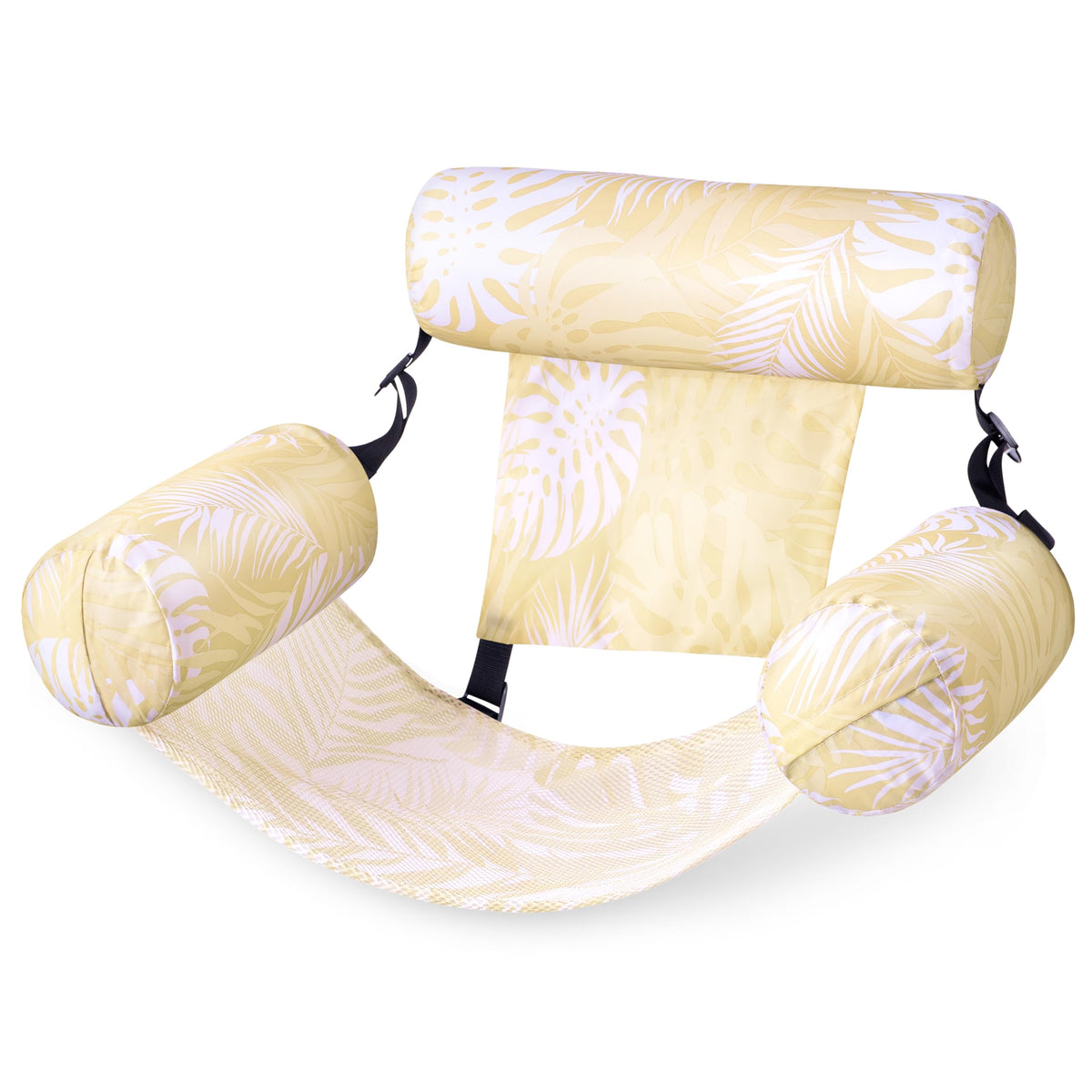 Sloosh pool floats chair with champagne leaves pattern for relaxing pool time.