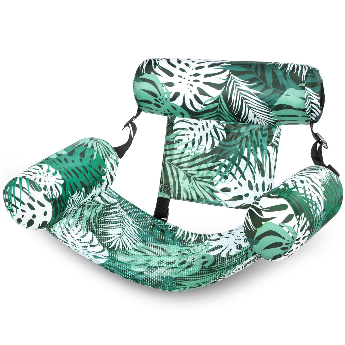 Sloosh pool floats chairs with green leaves pattern, ideal for relaxing by the pool.