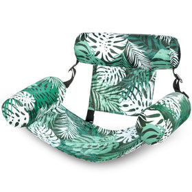 Sloosh pool floats chairs with green leaves pattern, ideal for relaxing by the pool.