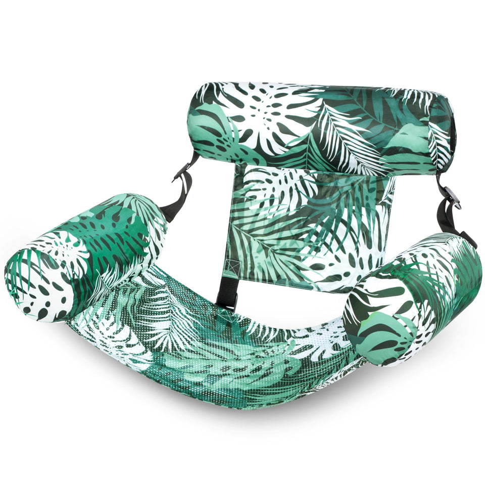 Sloosh pool floats chairs with green leaves pattern, ideal for relaxing by the pool.