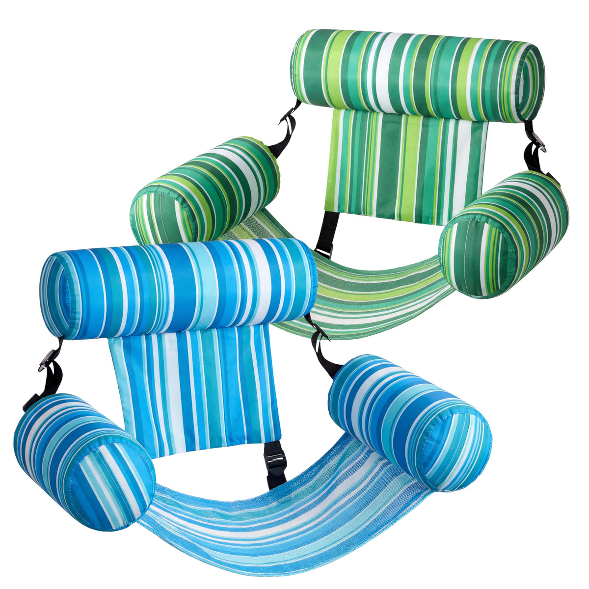 Sloosh stripe pattern pool floats chairs in a two-pack for poolside relaxation.