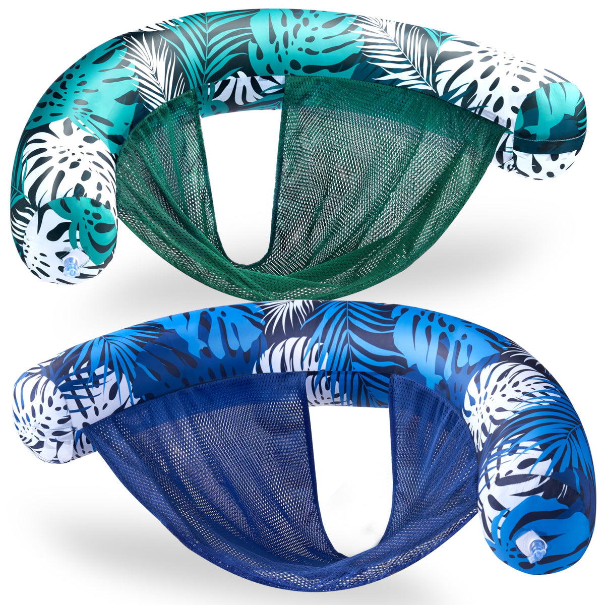 Sloosh pool float chairs with tropical leaves fold compactly for easy transport.