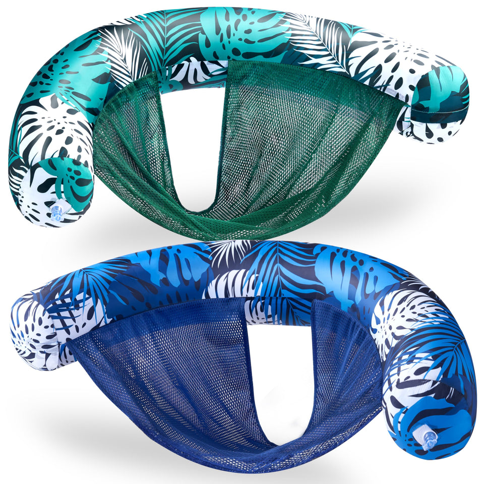 Sloosh pool float chairs with tropical leaves fold compactly for easy transport.
