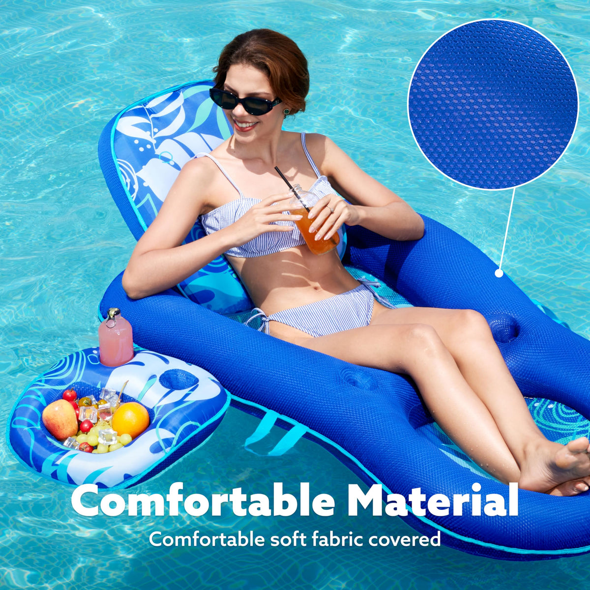 Sloosh 2-in-1 lounger with cup holder ideal for beverages by the water.