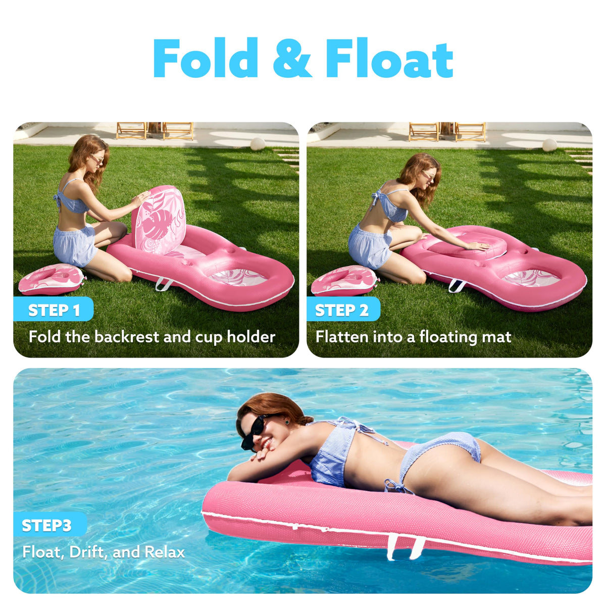 Sloosh pool floats lounger pink, deflation and pack-away, compact storage after swimming.
