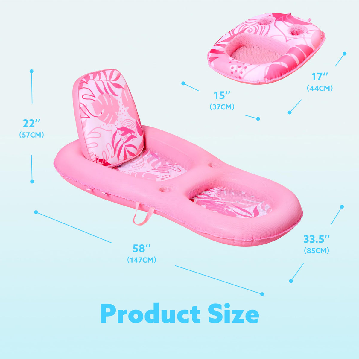 Sloosh pool floats lounger pink, dimensions 58x33-5, ample space to stretch out in sun.