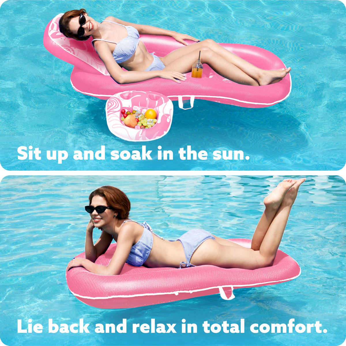 Sloosh pool floats lounger pink, drink holder in use, keeps beverage within reach.