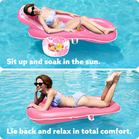 Sloosh pool floats lounger pink, drink holder in use, keeps beverage within reach.