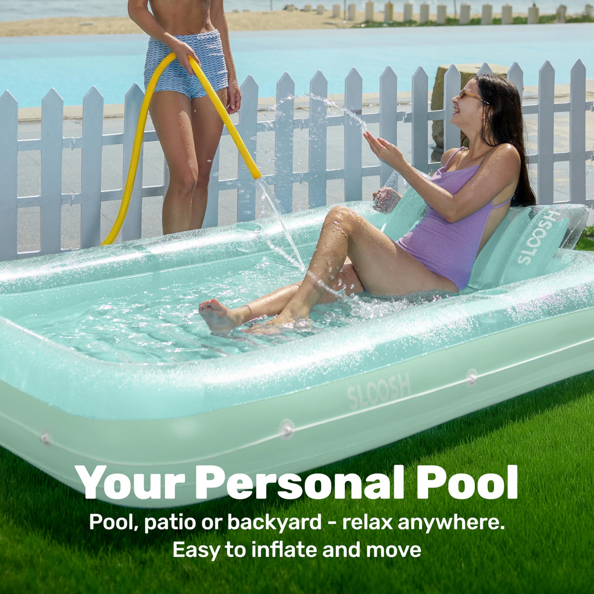 Sloosh pool lounge with drink holders and wrap-around grab line for social fun.