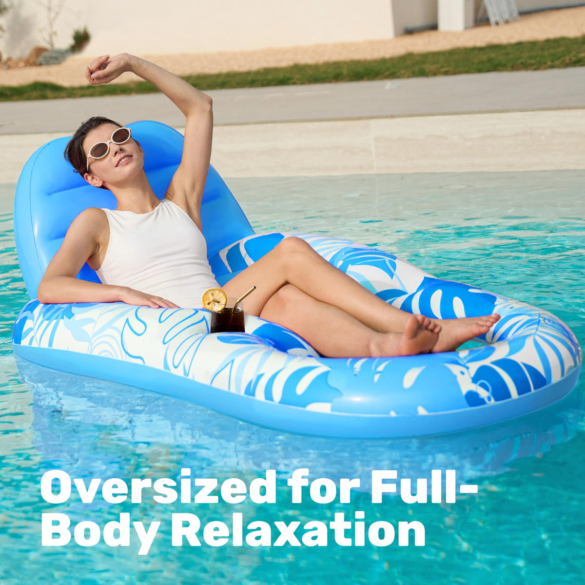 Sloosh pool lounge float blue cup holders enable convenient beverages while lounging.