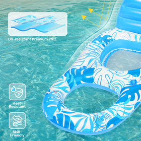 Sloosh pool lounge float blue foot rest allows feet to dip while relaxing.