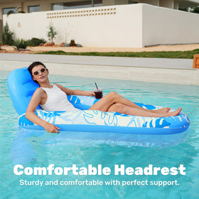 Sloosh pool lounge float blue inflated on deck ready for poolside lounging.