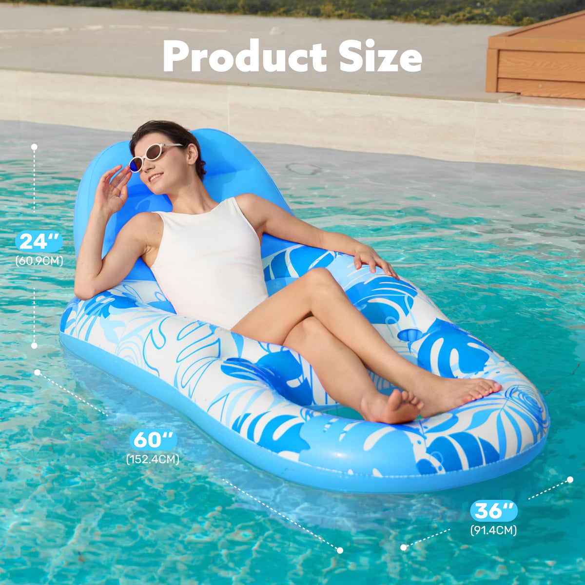 Sloosh pool lounge float blue lounging in water demonstrating weightless comfort.