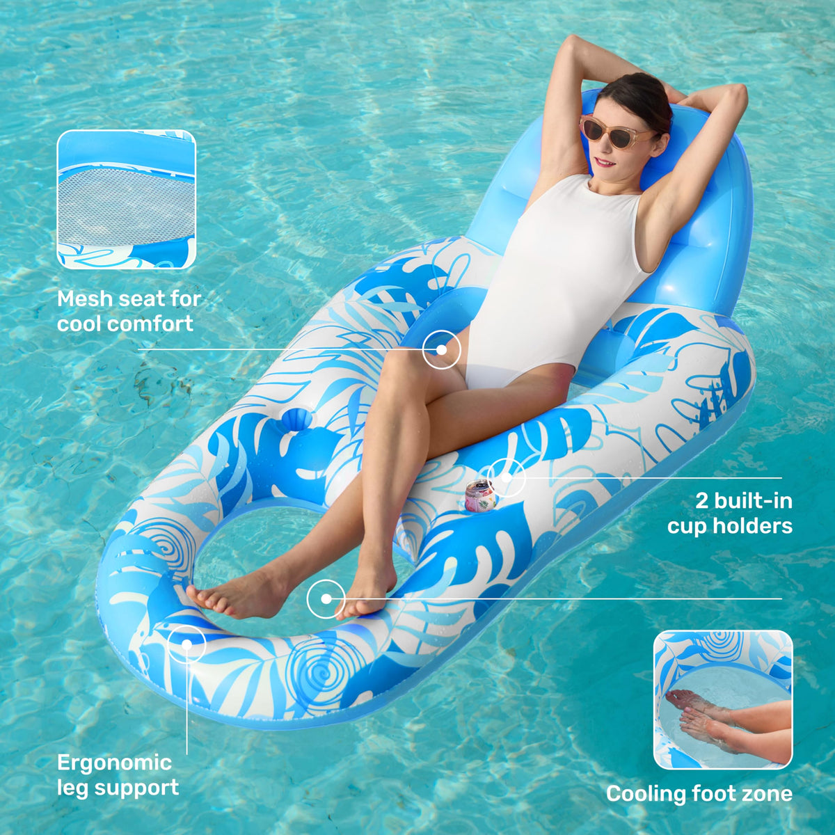 Sloosh pool lounge float blue mesh seat keeps you cool and comfortable.