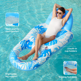 Sloosh pool lounge float blue mesh seat keeps you cool and comfortable.