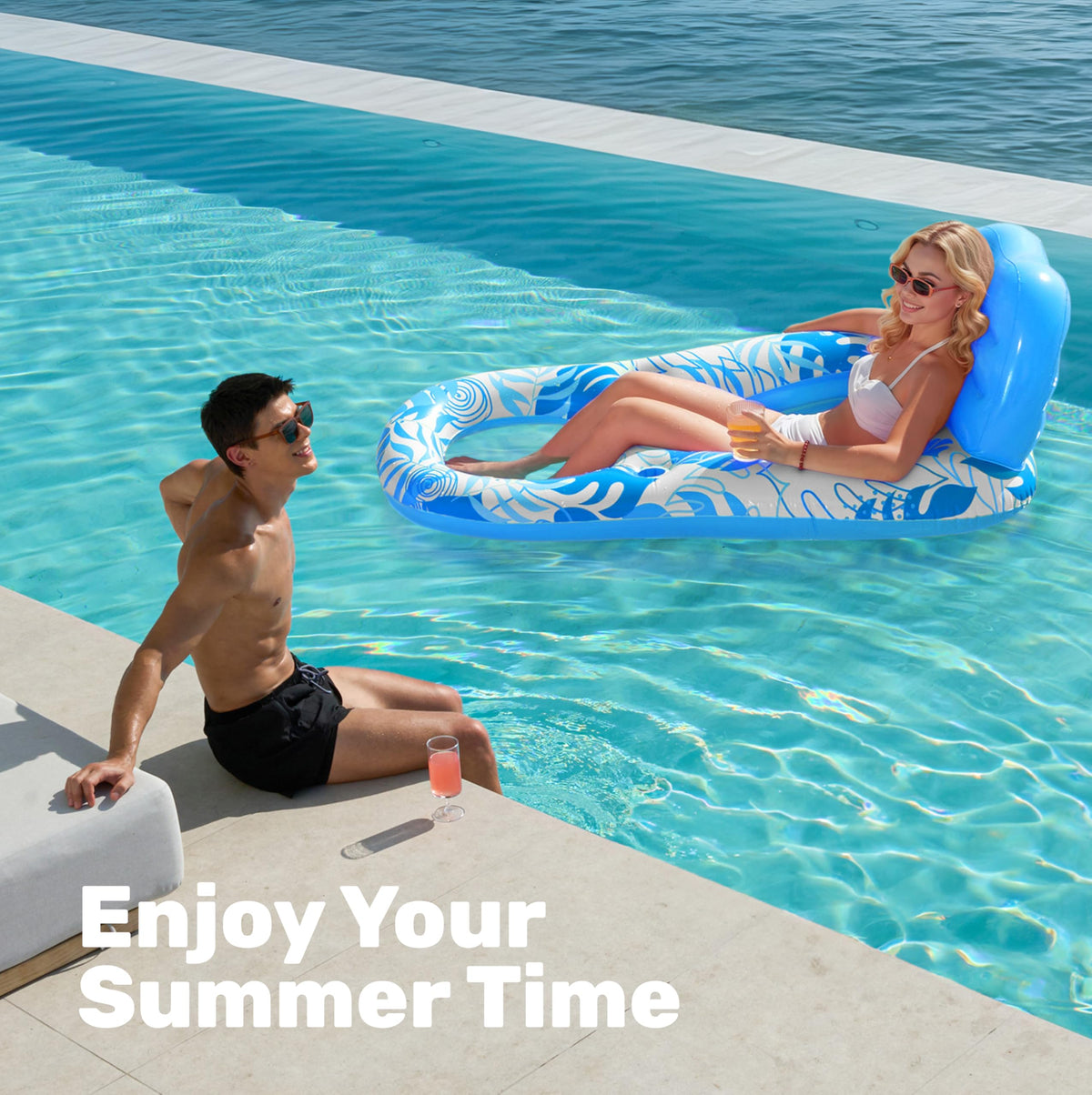 Sloosh pool lounge float blue relaxing in water with beverages within reach.