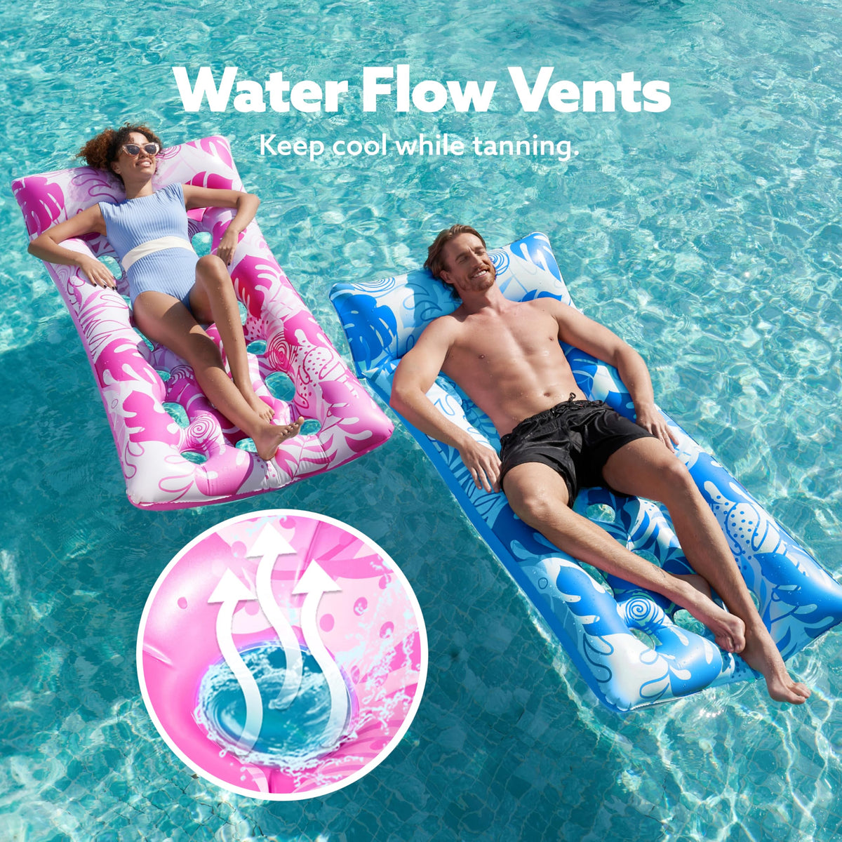 Sloosh pool lounger with headrest in blue-pink enhances sunbathing.