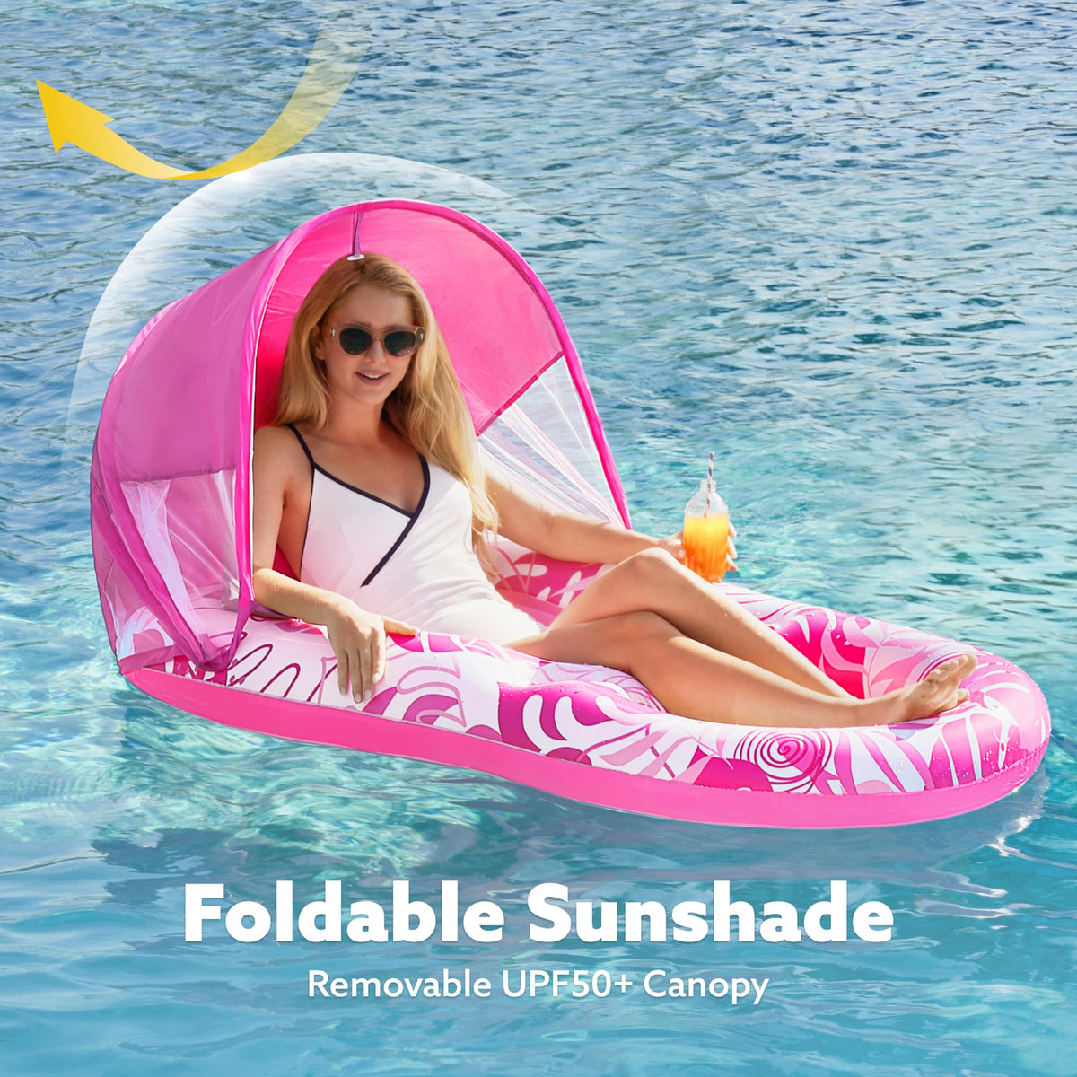 Sloosh lounger with removable canopy offering shaded relaxation on sunny days