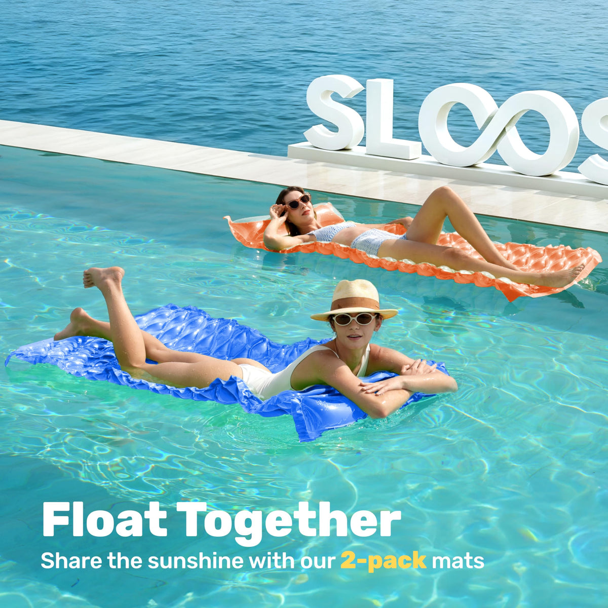 Sloosh pool mat 64x32 blue, supports full-body lounging on water.