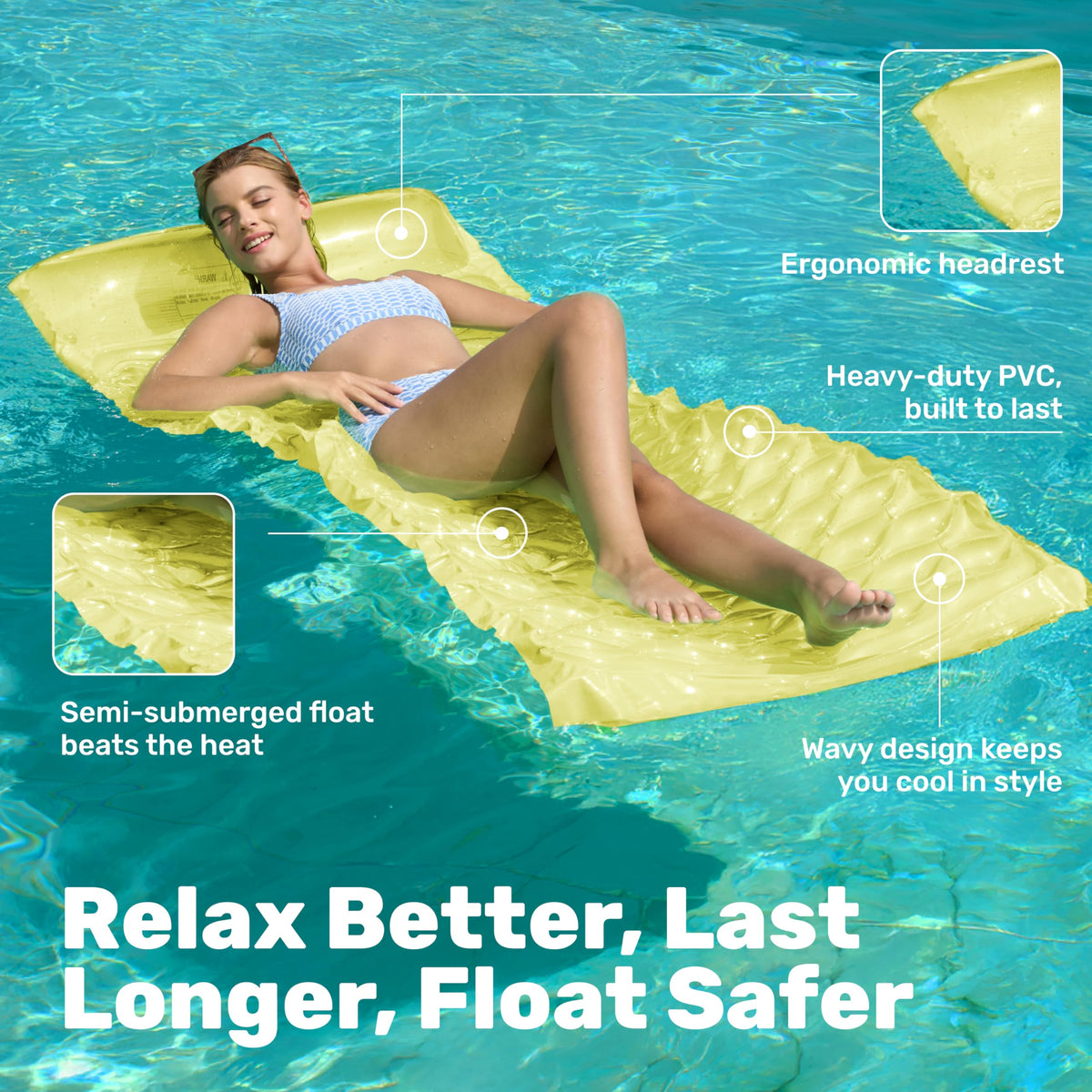 Sloosh blue pool mat with ergonomic headrest offering neck comfort.