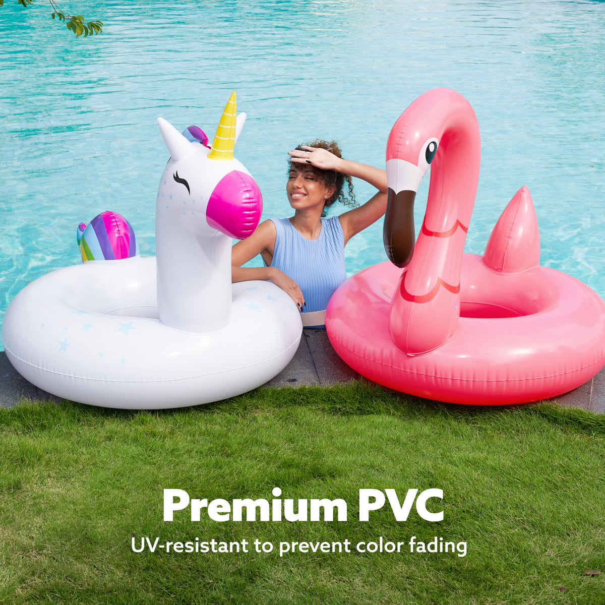 Sloosh pool party setup with two floats, ideal for family fun and gatherings.