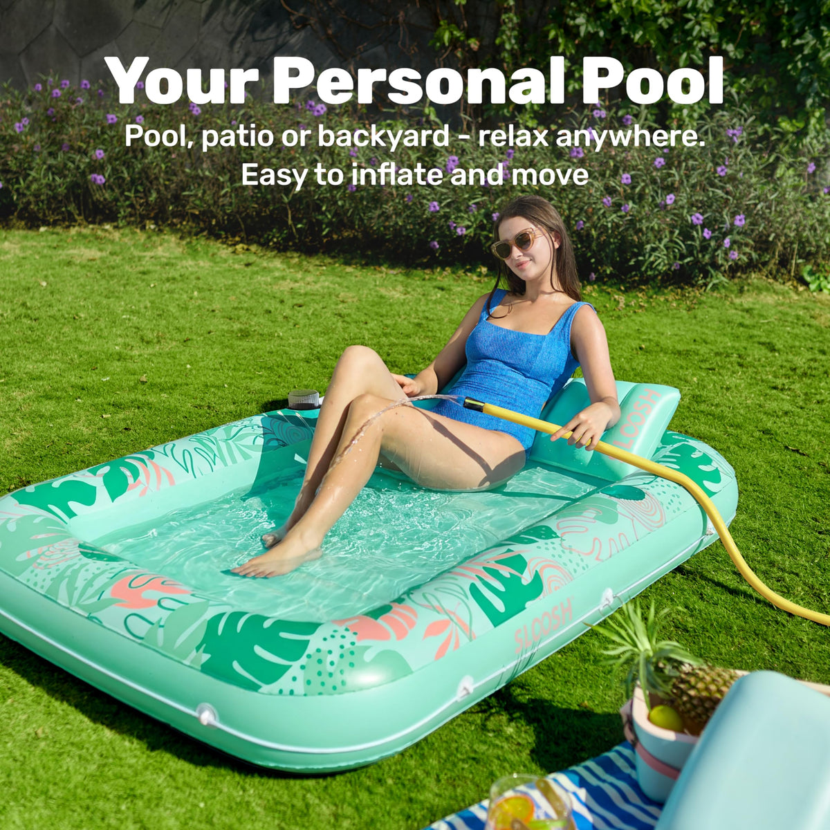 Sloosh ribbed air cushion base provides stable, comfortable slant for extended sun sessions.
