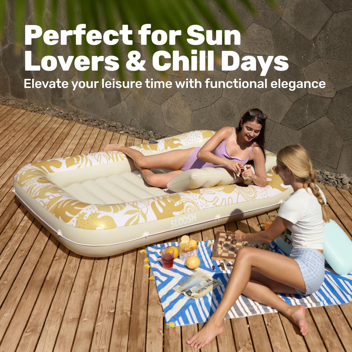 Sloosh seventy-inch tanning pool lounger offering ample sunbathing space.
