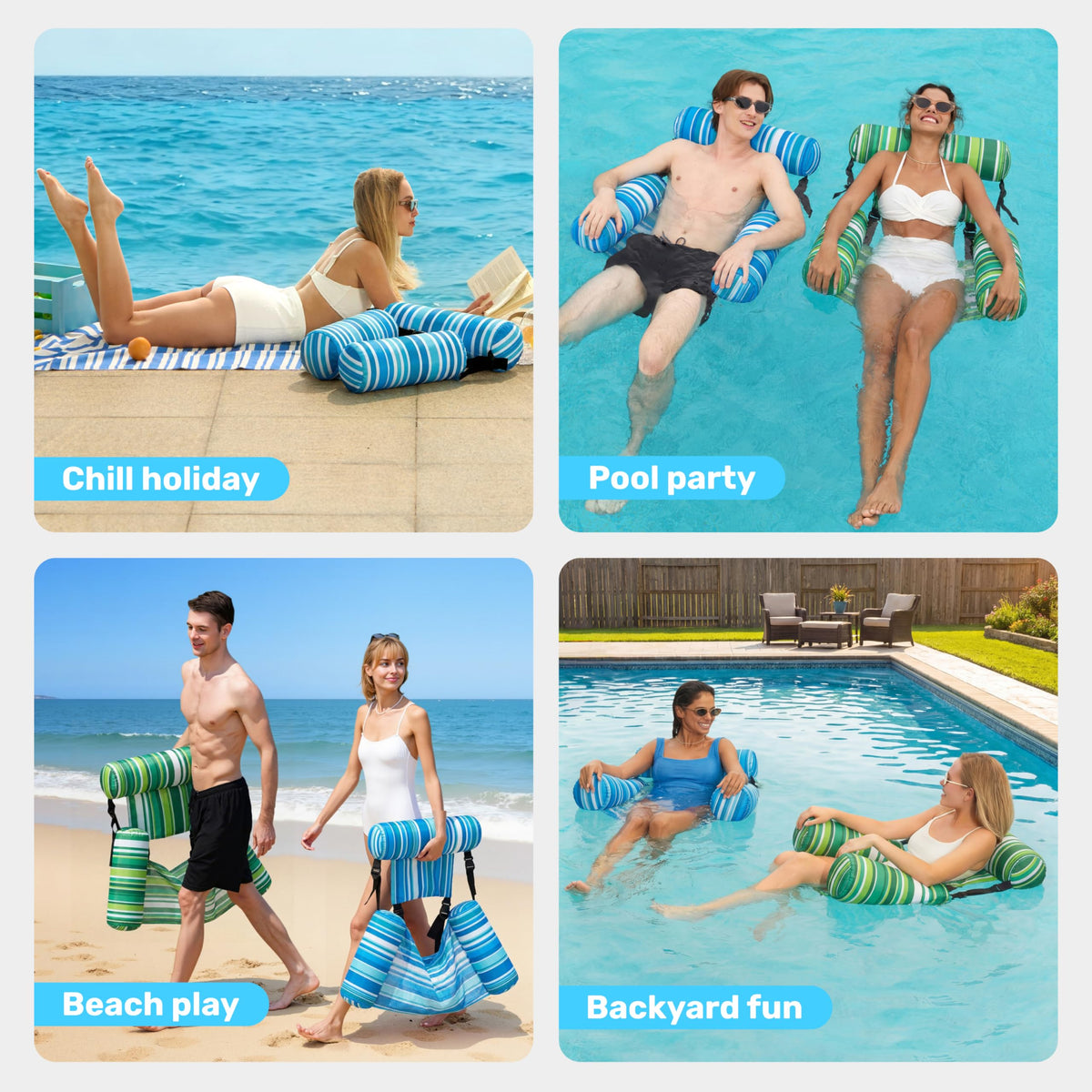 Sloosh soft fabric cover and mesh seat on a float for cooling comfort.