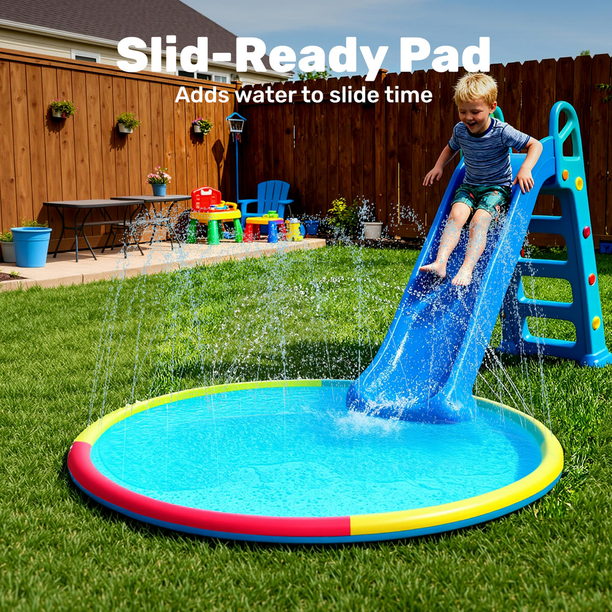Sloosh splash pad in backyard for family fun and summer activities