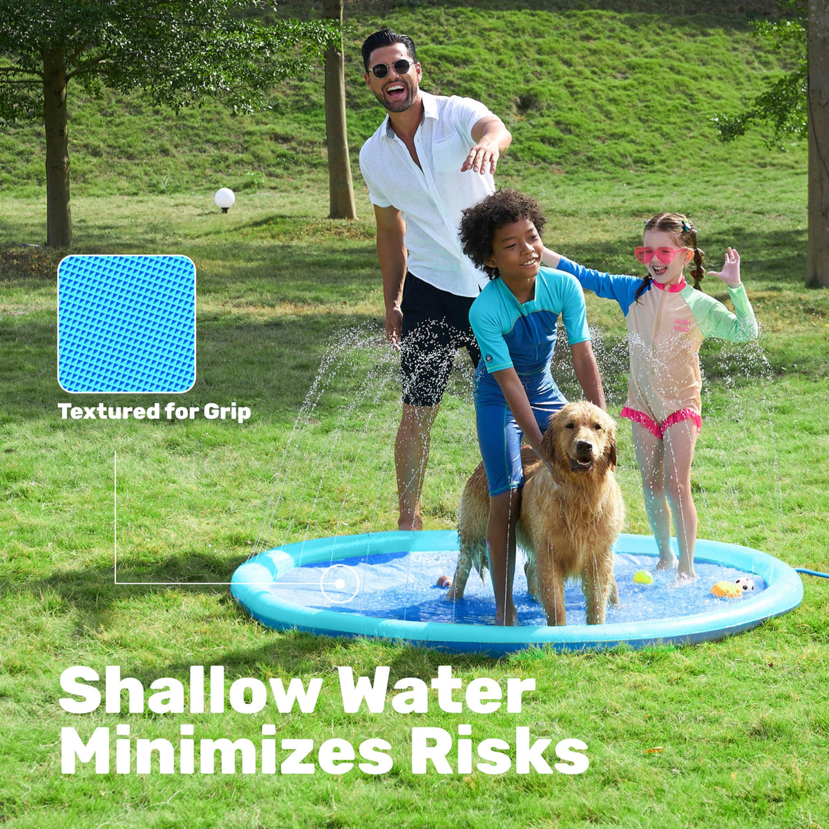 Sloosh splash pad made from thick, non-toxic material for outdoor use