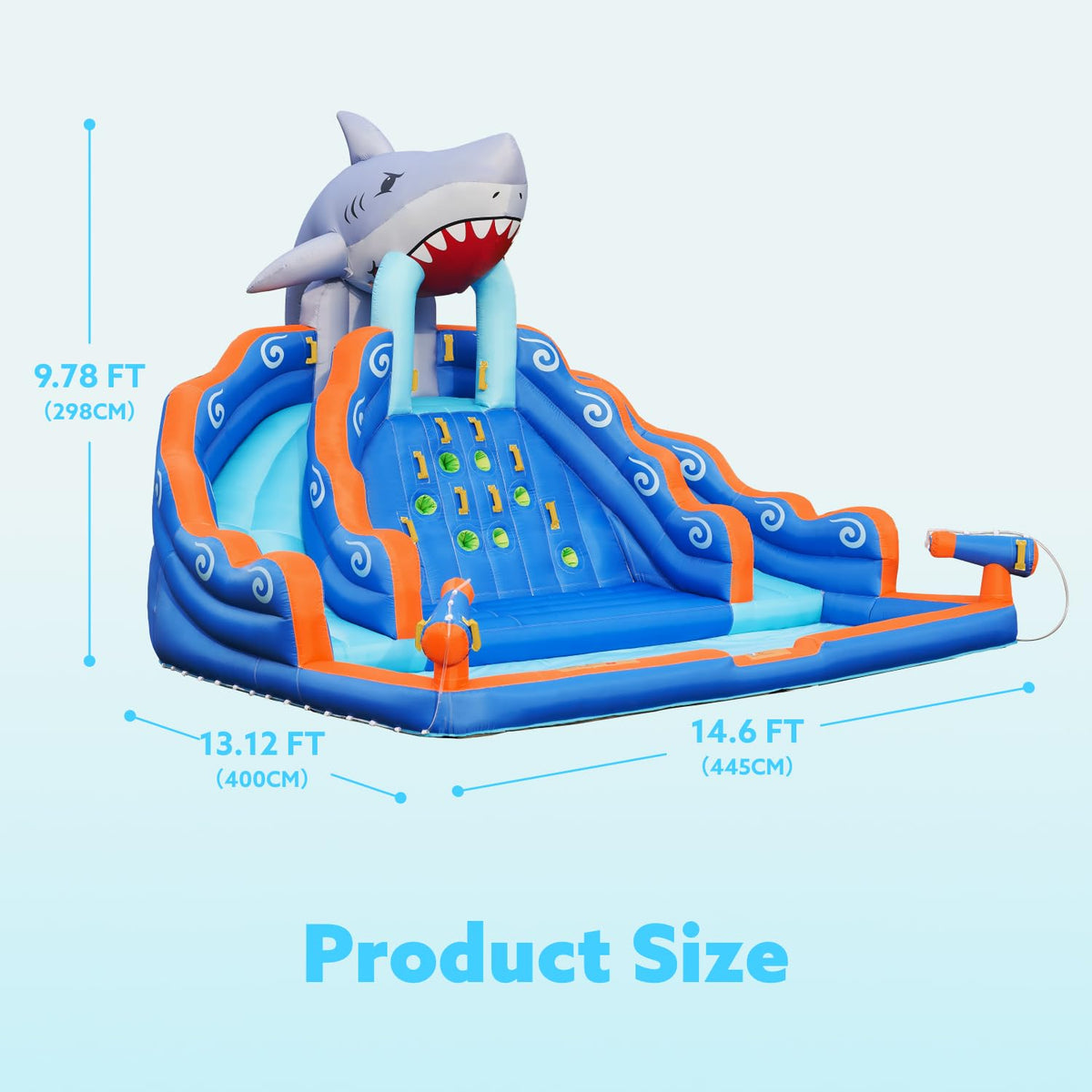 Splash pool with shark sprinkler for refreshing outdoor play by Sloosh.