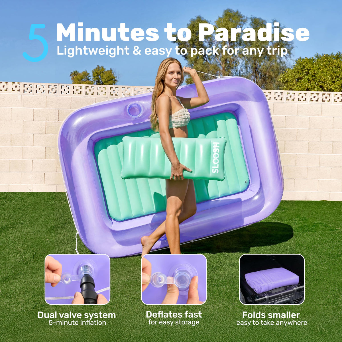 Sloosh sunbathing bed afloat in water for backyard relaxation