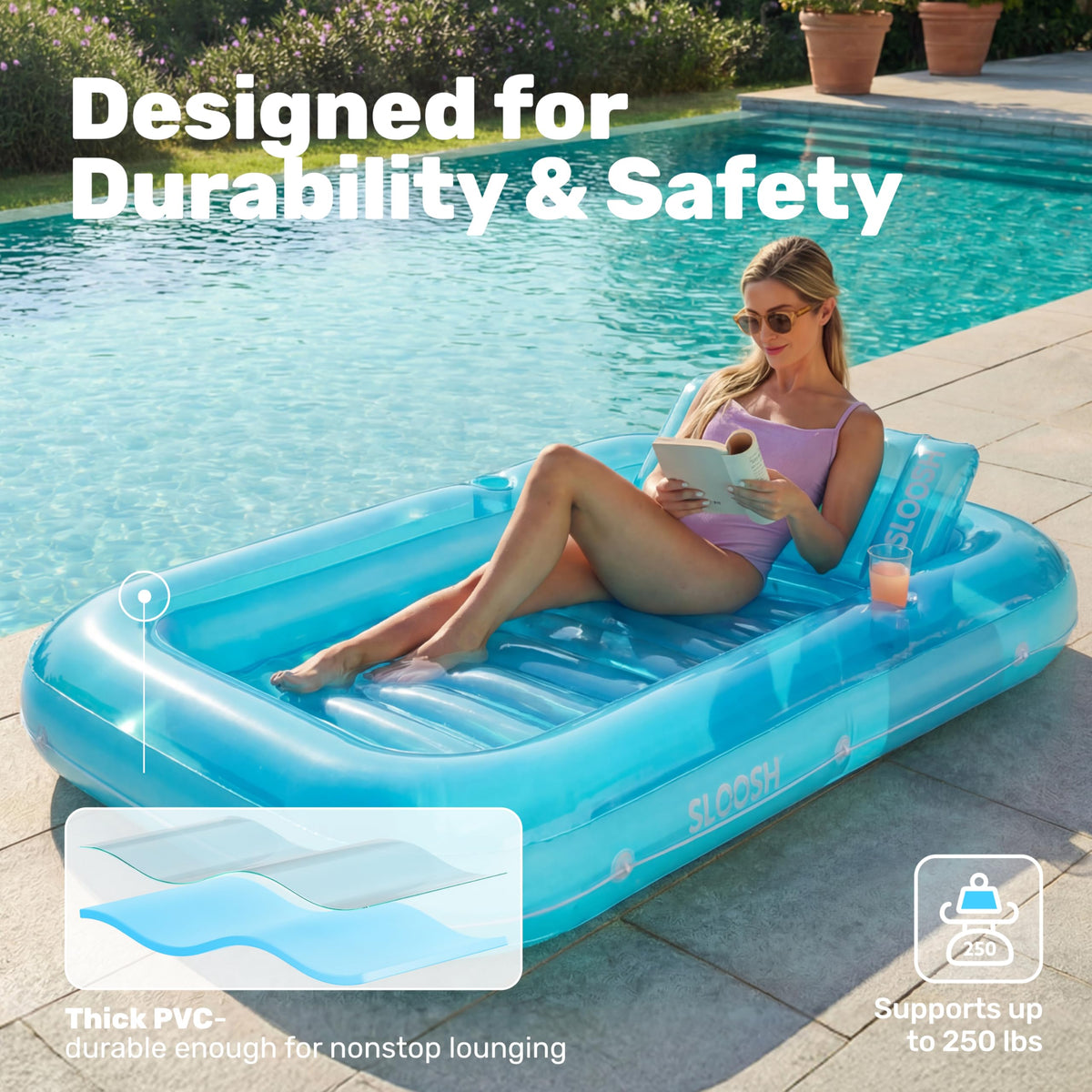 Sloosh tanning float with wrap-around rope for stability on water